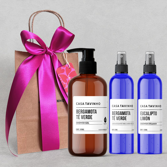 Kit de Regalo - Bolsa de Regalo con Aromatizante, Gel de Ducha y Shower Steamer - Bergamota & Té verde - Eucalipto Limón - 245ml - 120ml