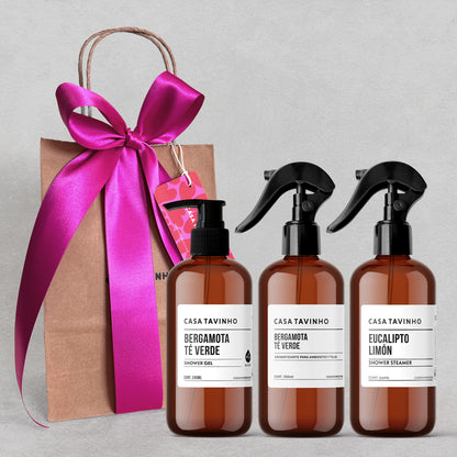 Kit de Regalo - Bolsa de Regalo con Aromatizante, Shower Steamer y Gel de Ducha - Bergamota & Té verde - Eucalipto Limón - 250ml - 245mlml